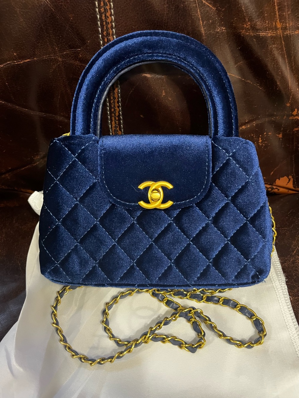 Double C Designer Rich Navy Blue Nano Kelly Velvet Hand Bag Crossbody